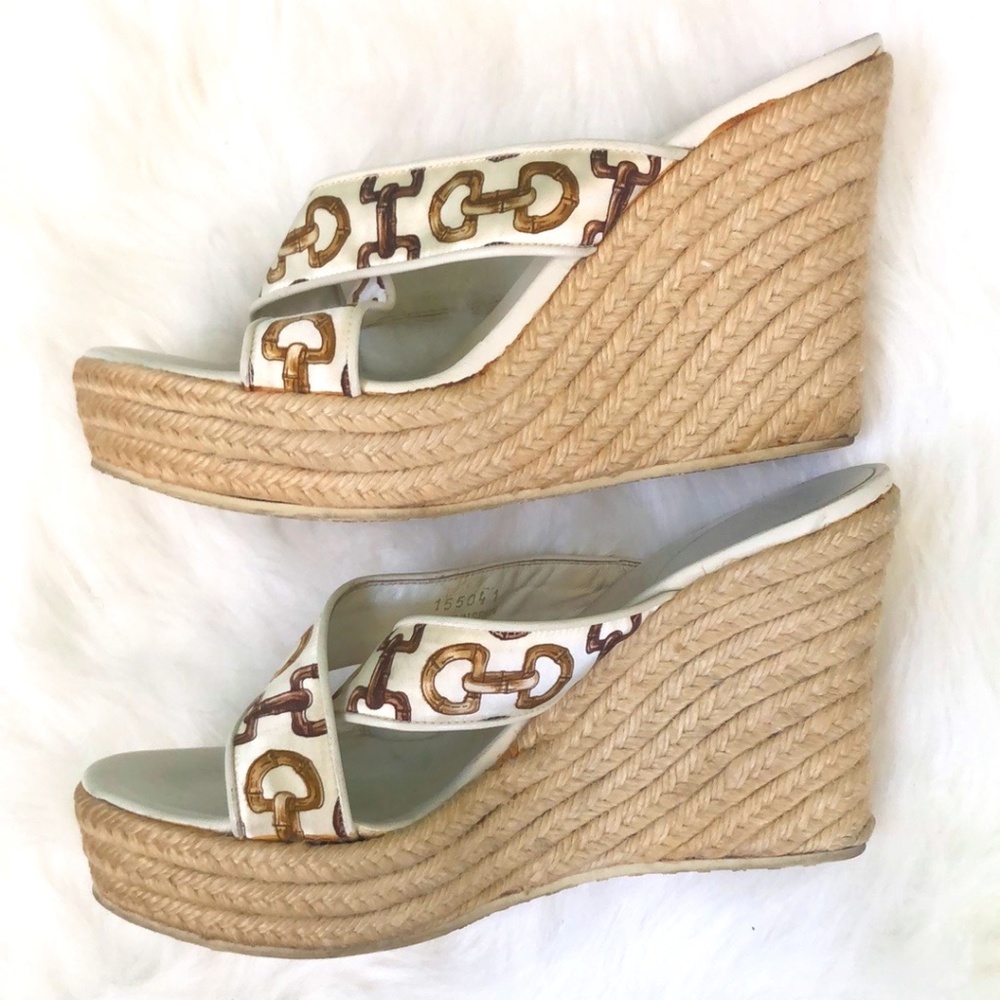 Gucci White Leather Espadrille Wedge Sandals with Brown Logo Trim - Picture 5 of 12